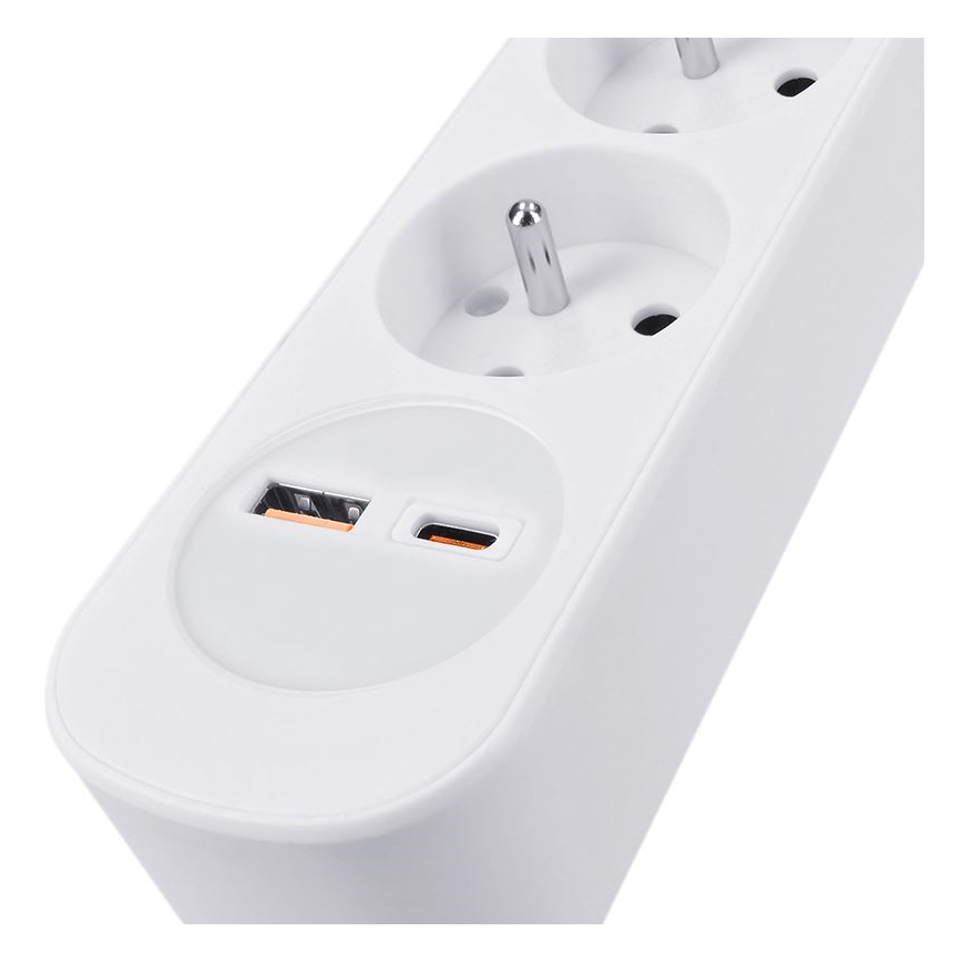 Multiprise 3 prises avec interrupteur et ports USB‑A et USB‑C, câble 2 m