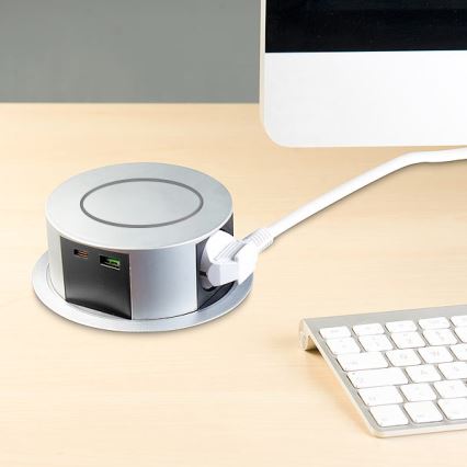 Colonne de prises pour table avec chargeur sans fil Qi 3x230V + 1xUSB-A + 1xUSB-C argent/noir