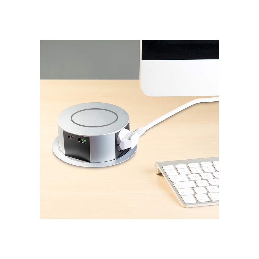 Colonne de prises pour table avec chargeur sans fil Qi 3x230V + 1xUSB-A + 1xUSB-C argent/noir