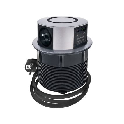 Colonne de prises pour table avec chargeur sans fil Qi 3x230V + 1xUSB-A + 1xUSB-C argent/noir