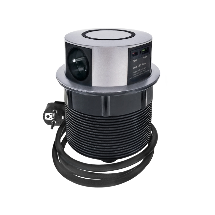 Colonne de prises pour table avec chargeur sans fil Qi 3x230V + 1xUSB-A + 1xUSB-C argent/noir