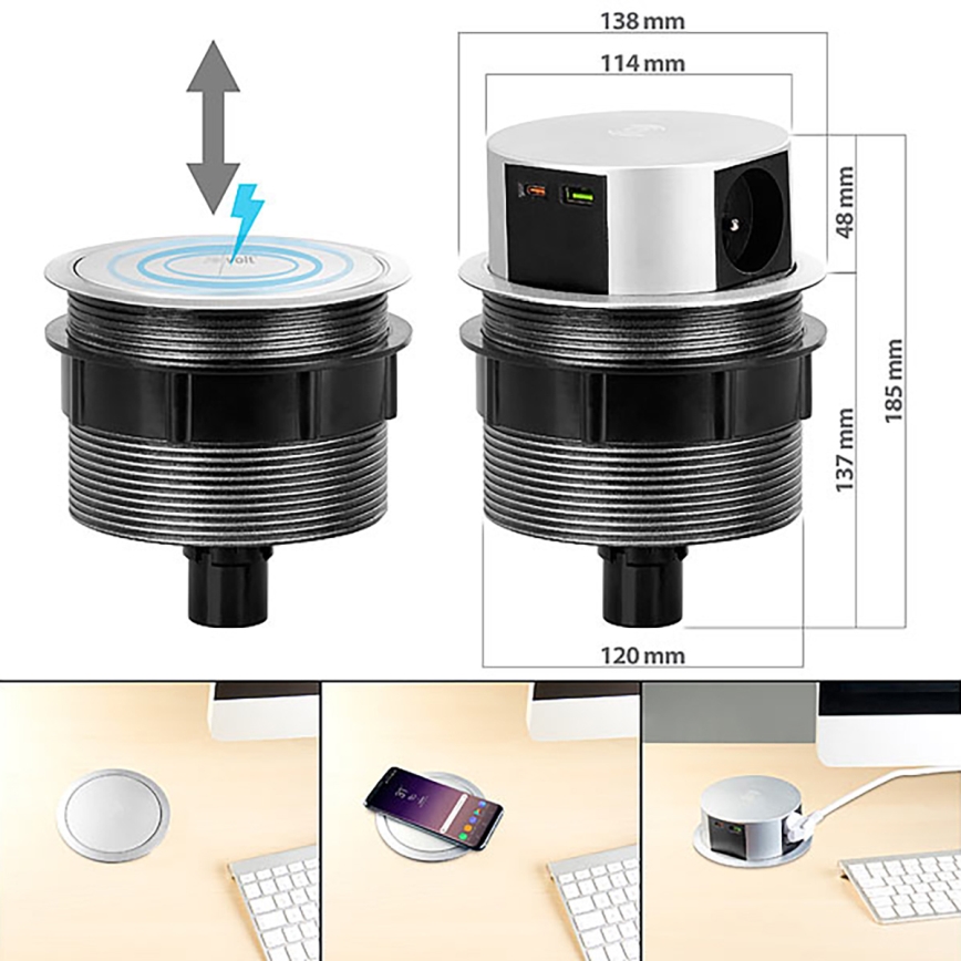 Colonne de prises pour table avec chargeur sans fil Qi 3x230V + 1xUSB-A + 1xUSB-C argent/noir