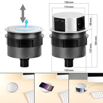Stekkerdooszuil voor tafelblad met Qi draadloos opladen 3x230V + 1xUSB-A + 1xUSB-C zilver/zwart