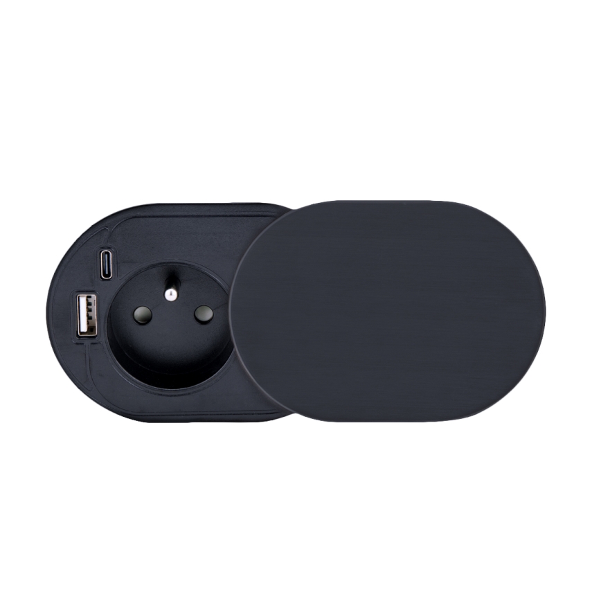 Inbouwstopcontact met schuifdeksel 20W, 1 stopcontact + USB A+C, zwart