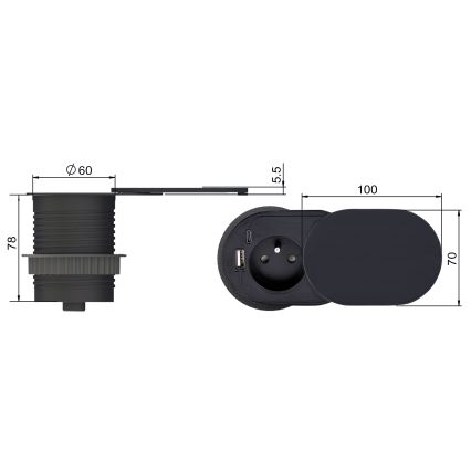 Inbouwstopcontact met schuifdeksel 20W, 1 stopcontact + USB A+C, zwart