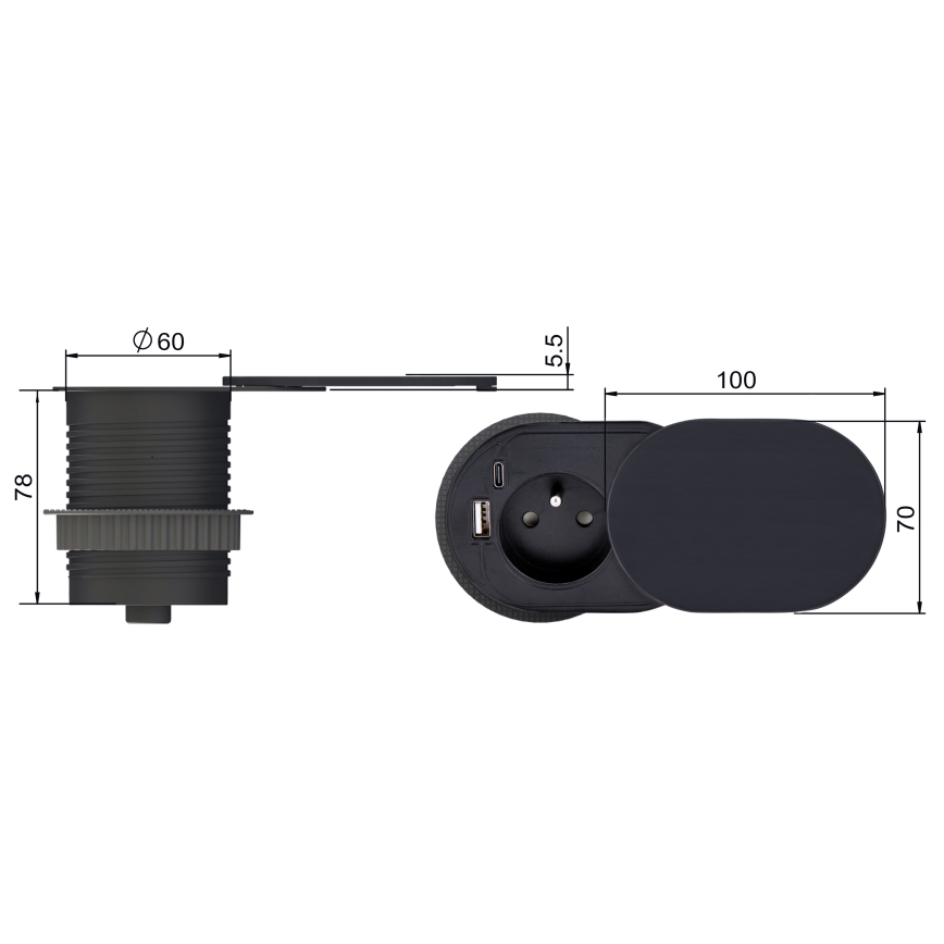 Inbouwstopcontact met schuifdeksel 20W, 1 stopcontact + USB A+C, zwart