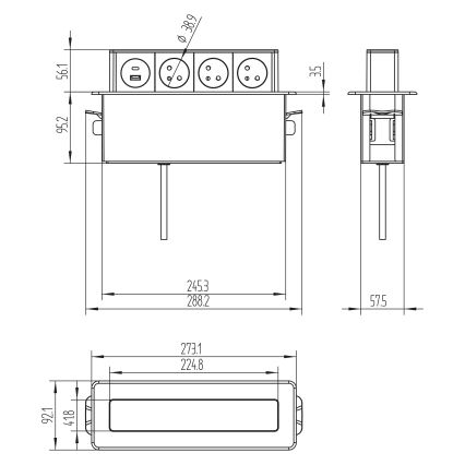 Stopcontactzuil voor tafelblad 3x230V + USB-A + USB-C