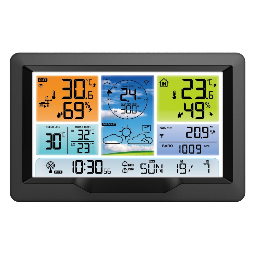 Professioneel weerstation met kleuren LCD-scherm en wekker 5V/2xAA + 3xAA