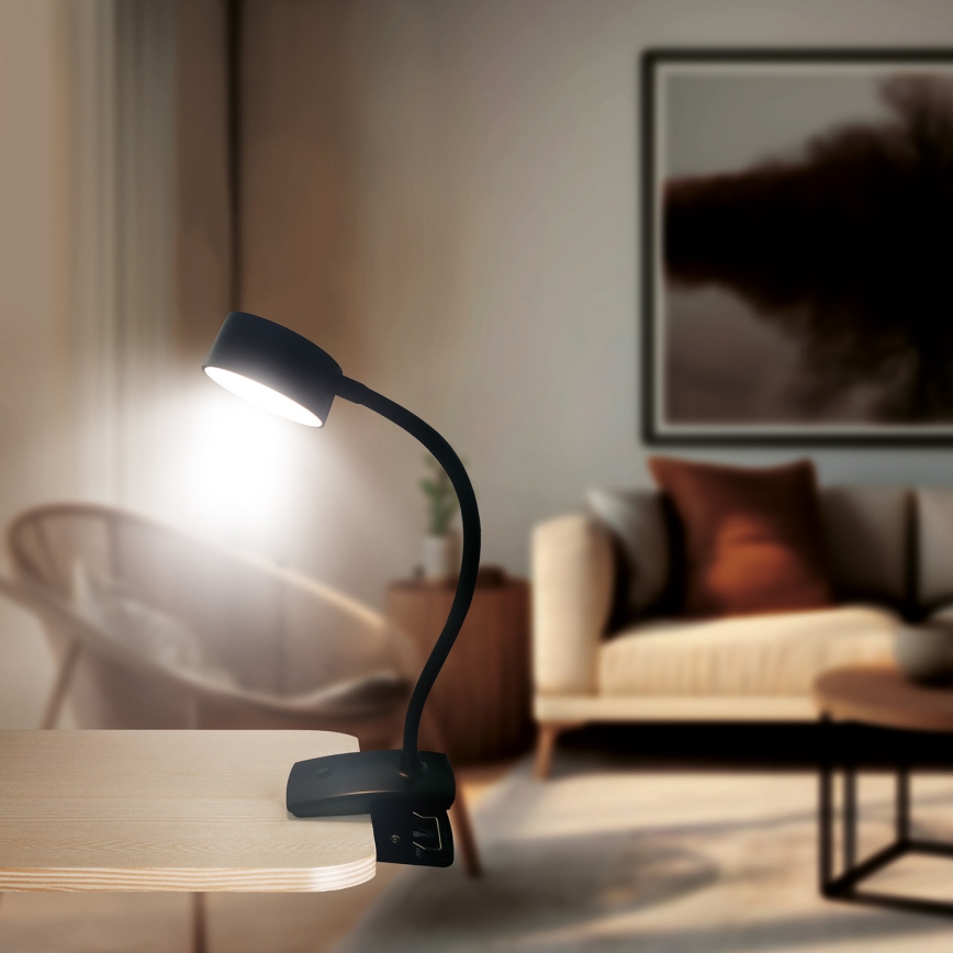 Lampe de table flexible à intensité variable et rechargeable avec pince LED/2W/1800 mAh 3000/4000/6500K noir
