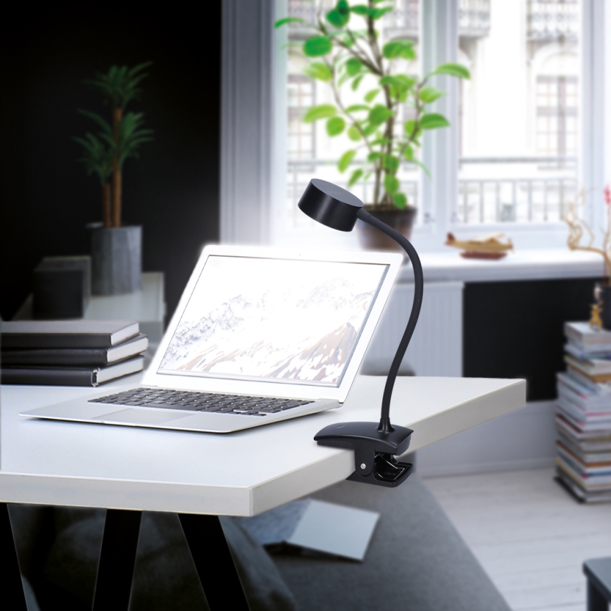 Lampe de table flexible à intensité variable et rechargeable avec pince LED/2W/1800 mAh 3000/4000/6500K noir