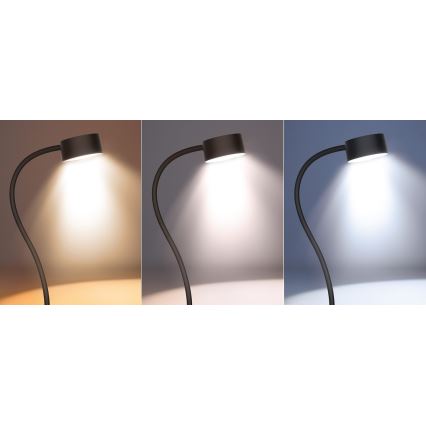 Lampe de table flexible à intensité variable et rechargeable avec pince LED/2W/1800 mAh 3000/4000/6500K noir