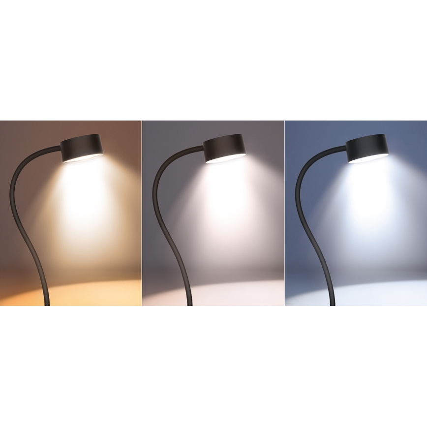 Lampe de table flexible à intensité variable et rechargeable avec pince LED/2W/1800 mAh 3000/4000/6500K noir