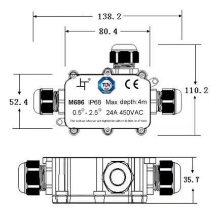 Waterdichte aansluitdoos 24A/450V AC IP68