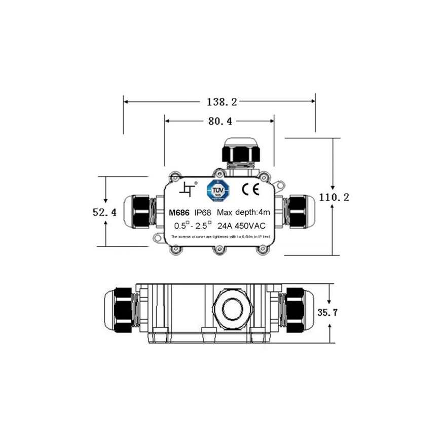 Waterdichte aansluitdoos 24A/450V AC IP68