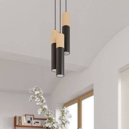 Suspension filaire PABLO 3xGU10/40W/230V noir/hêtre