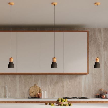 Hanglamp aan een koord QUBIC 1xE27/60W/230V beton/Berk/beuken/zwart