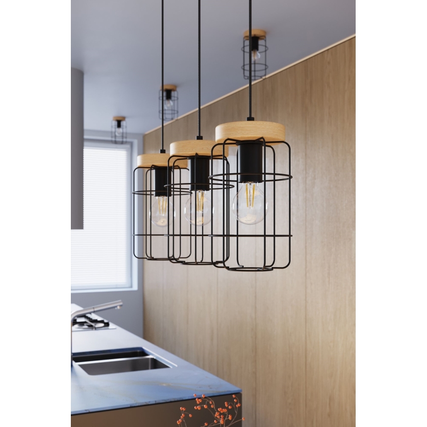 Hanglamp aan een koord GOTTO 3xE27/15W/230V zwart/beuken