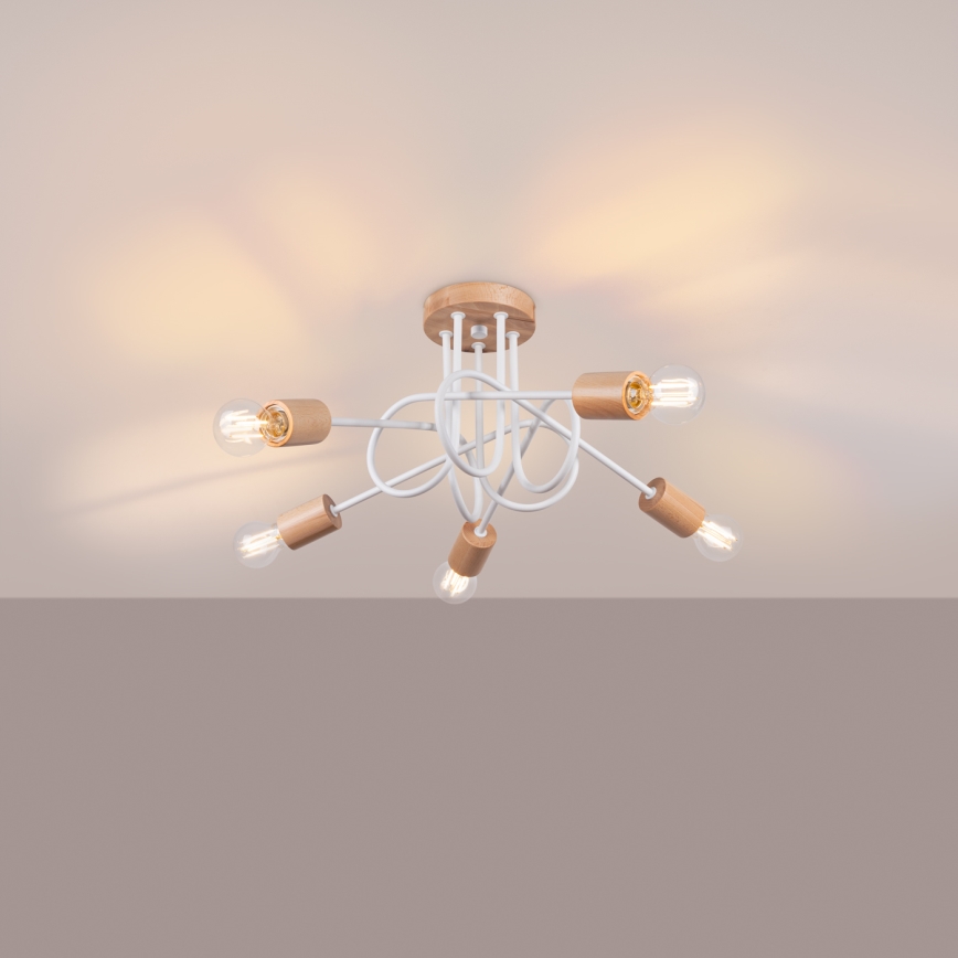 Bevestigde hanglamp EMBER 5xE27/15W/230V wit/beige/beuken