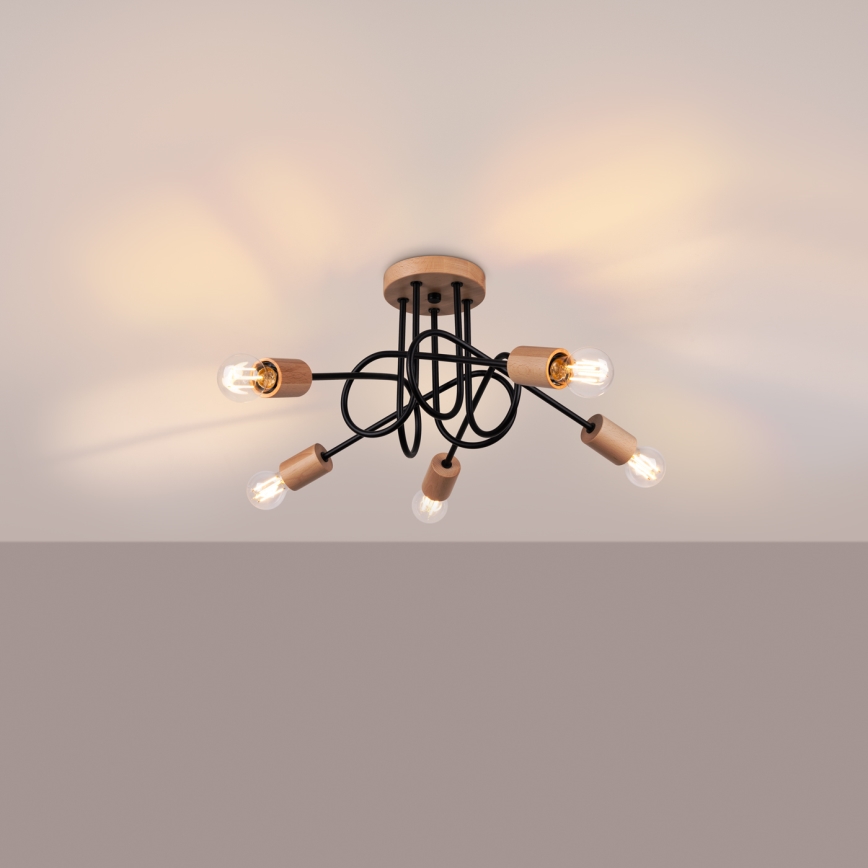 Bevestigde hanglamp EMBER 5xE27/15W/230V zwart/beige/beuken