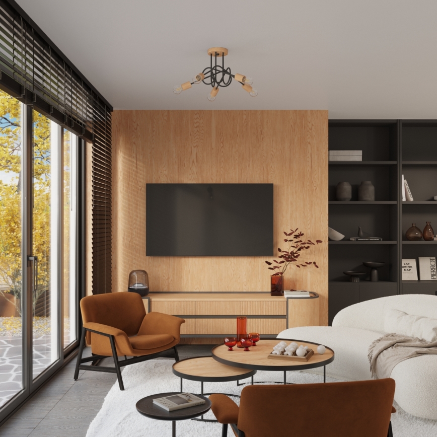 Bevestigde hanglamp EMBER 5xE27/15W/230V zwart/beige/beuken