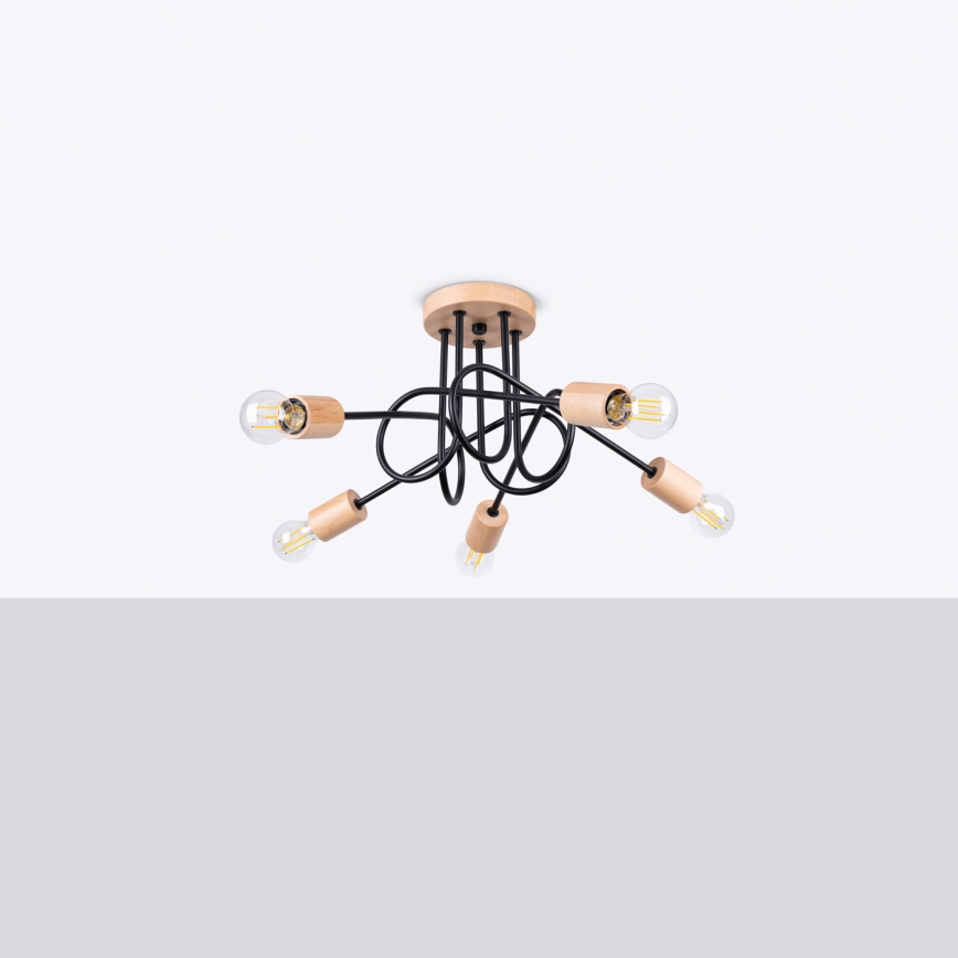 Bevestigde hanglamp EMBER 5xE27/15W/230V zwart/beige/beuken