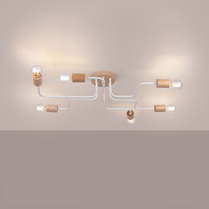 Bevestigde hanglamp TIMBO 6xE27/15W/230V wit/beige/beuken