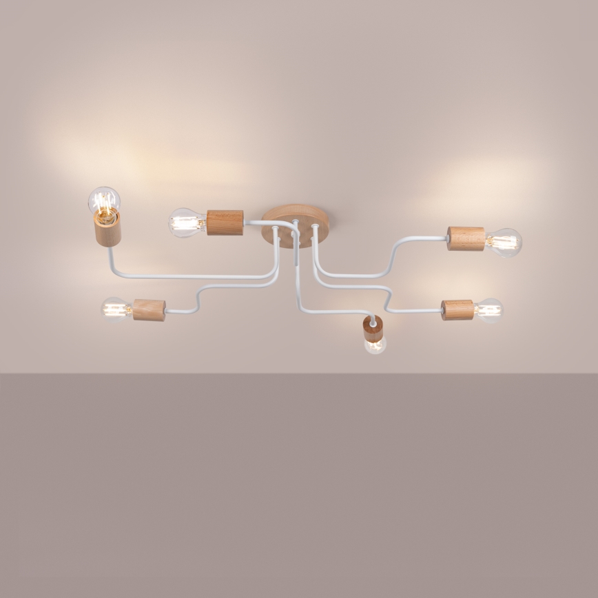 Bevestigde hanglamp TIMBO 6xE27/15W/230V wit/beige/beuken