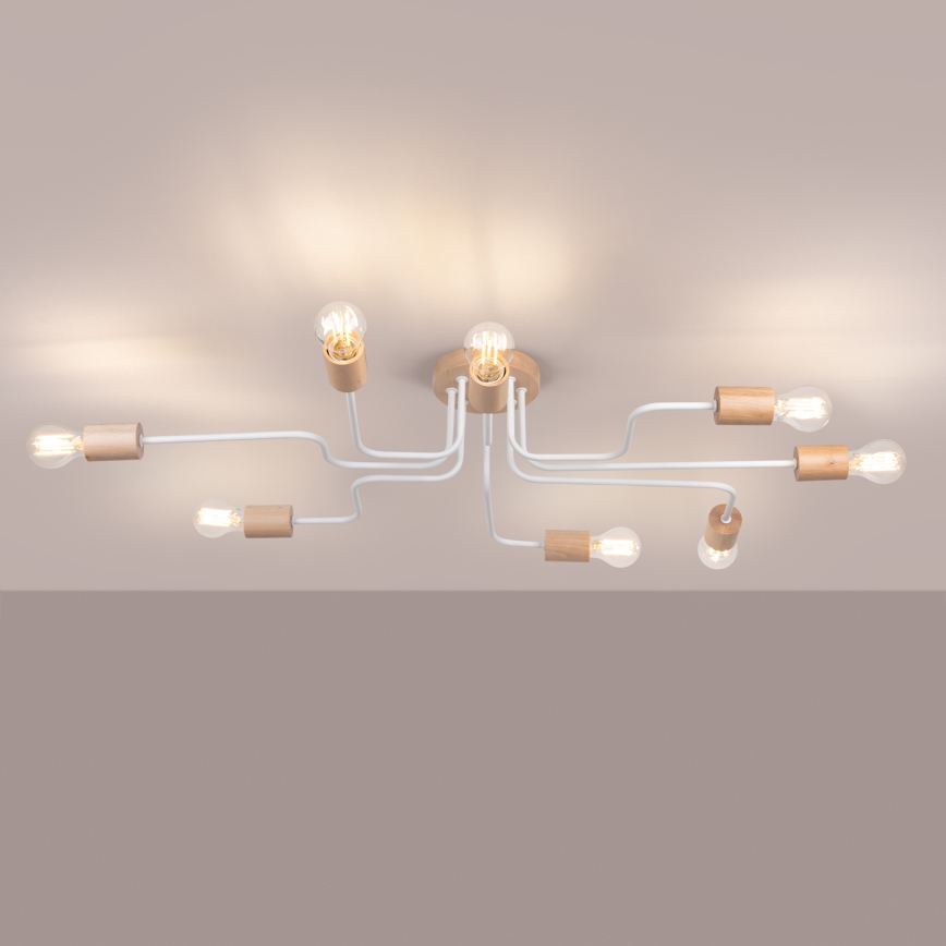 Bevestigde hanglamp TIMBO 8xE27/15W/230V wit/beige/beuken