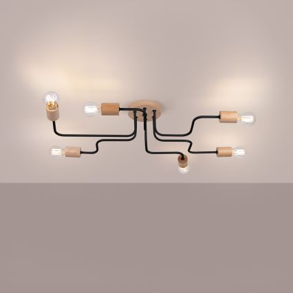 Plafonnier TIMBO 6xE27/15W/230V noir/beige/hêtre