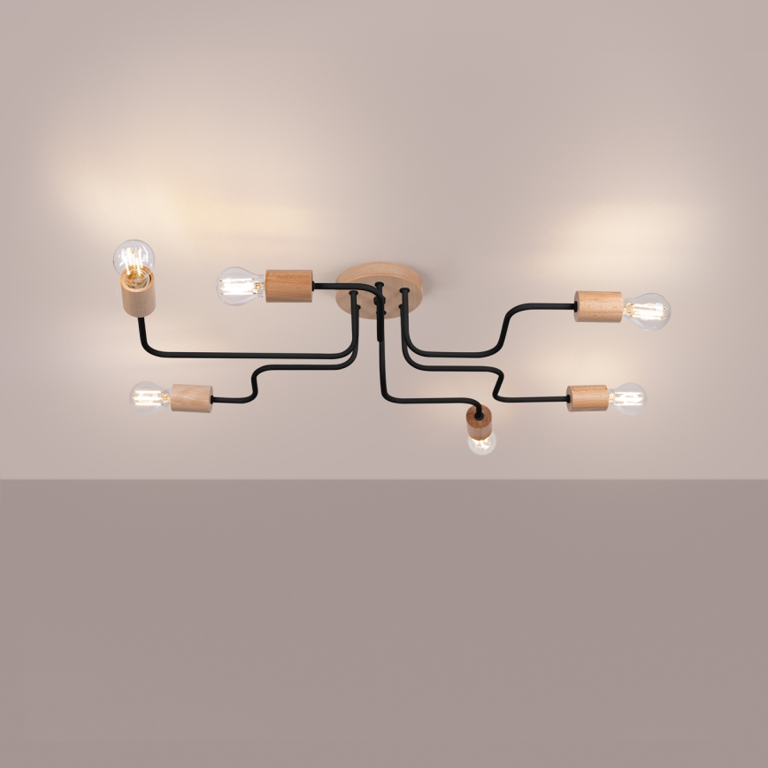 Plafonnier TIMBO 6xE27/15W/230V noir/beige/hêtre