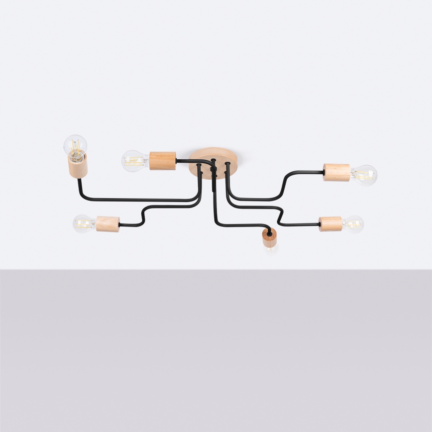 Plafonnier TIMBO 6xE27/15W/230V noir/beige/hêtre