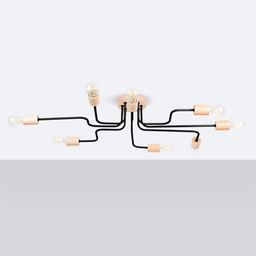 Bevestigde hanglamp TIMBO 8xE27/15W/230V zwart/beige/beuken