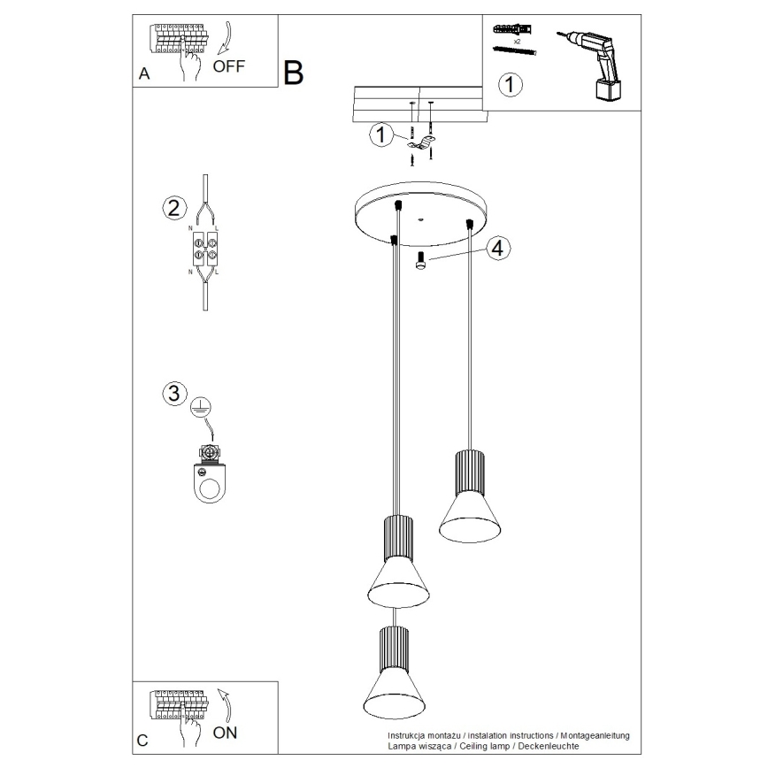 Suspension sur câble ESTRIA 3xE14/10W/230V Ø 30 cm crème