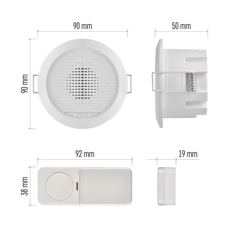 Sonnette sans fil encastrable 230V + 1xCR2032 blanche
