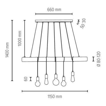 Hanglamp aan kabel TRABO 5xE27/60W/230V dennenhout