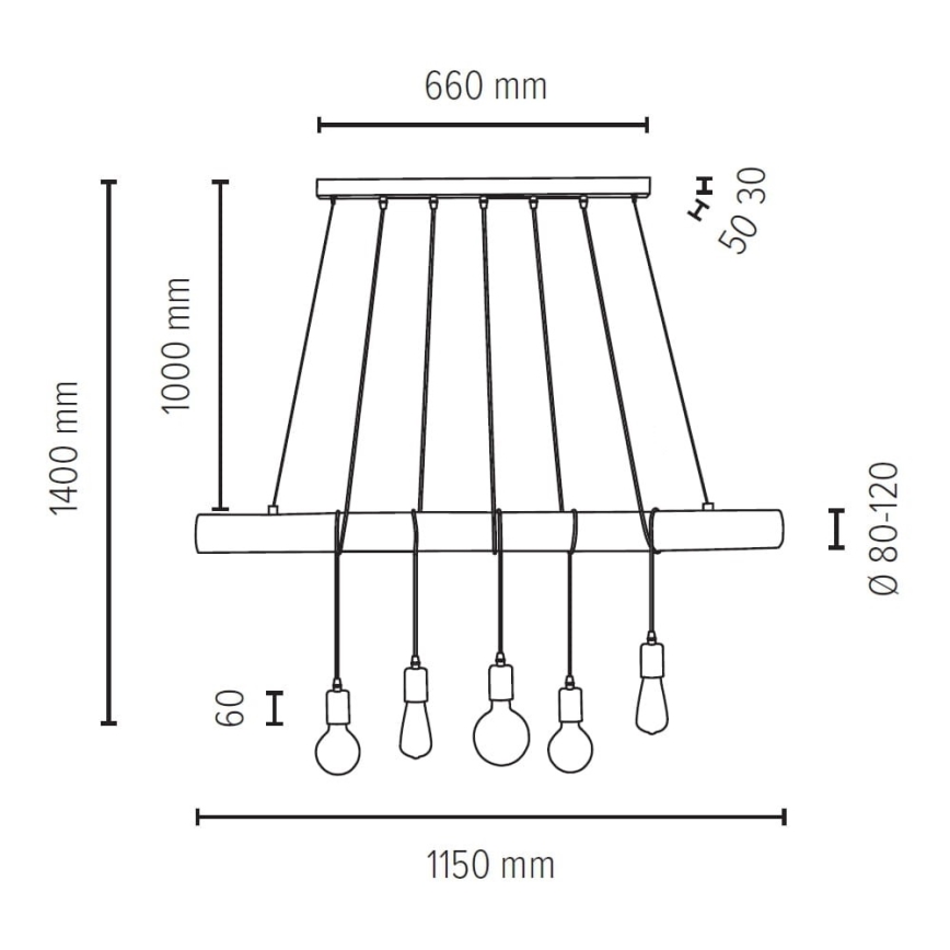 Hanglamp aan kabel TRABO 5xE27/60W/230V dennenhout