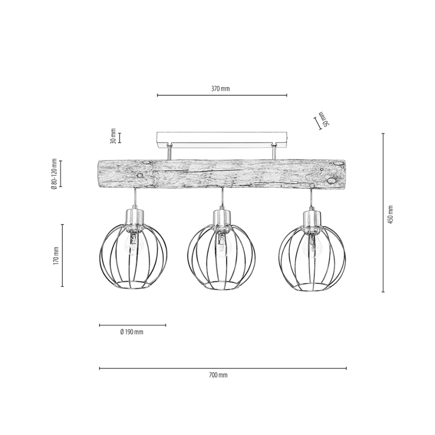 Bevestigde hanglamp BERIS 3xE27/25W/230V grenen