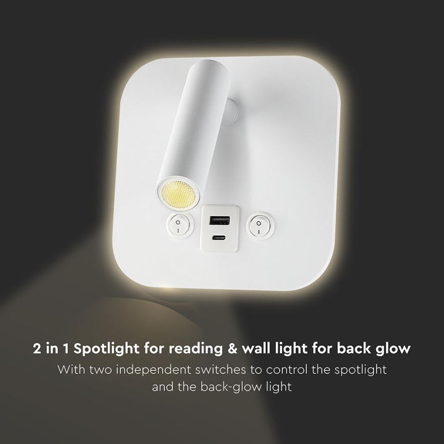 Spot mural LED avec port USB, 8 W, 230 V, 3000 K, blanc