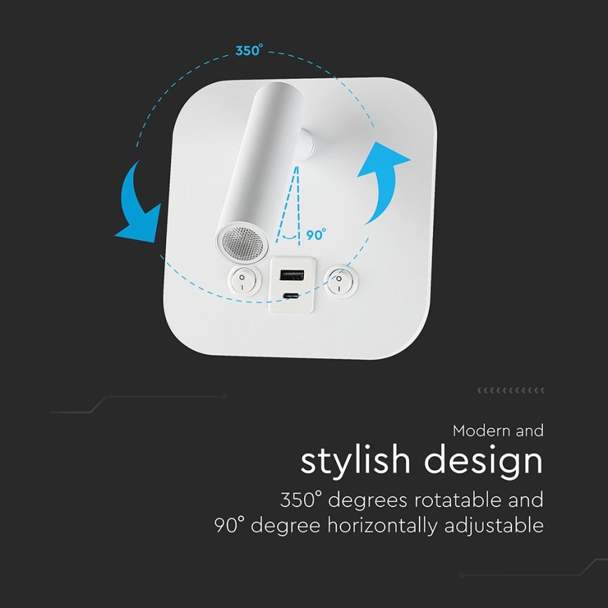 Spot mural LED avec port USB, 8 W, 230 V, 3000 K, blanc