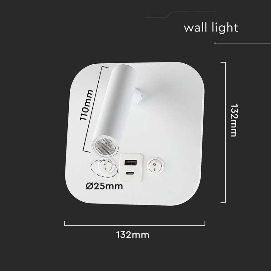 Spot mural LED avec port USB, 8 W, 230 V, 3000 K, blanc