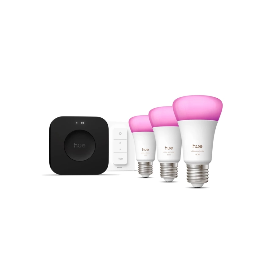 Starterset Philips Hue WHITE AND COLOR AMBIANCE 3xE27/8,1W 1000-20000K + Hue Bridge en dimmerschakelaar