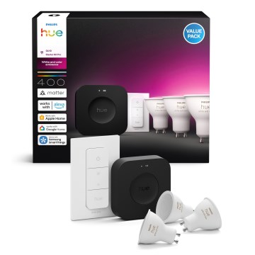 Startpakket Philips Hue WHITE AND COLOR AMBIANCE 3xGU10/4,2W 2000-6500K + Hue Bridge en Dimmer Switch