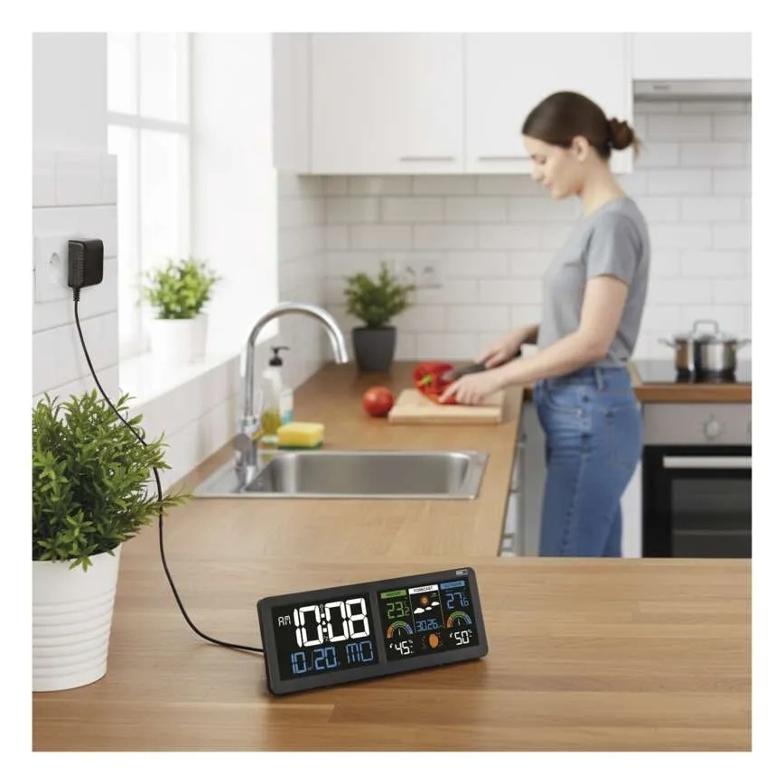 Station météo avec écran LCD couleur et réveil 5V 3xAAA + 2xAA noir