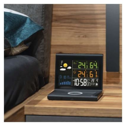 Station météo avec recharge sans fil 5V, alimentation 2x AA + 2x AAA, noire