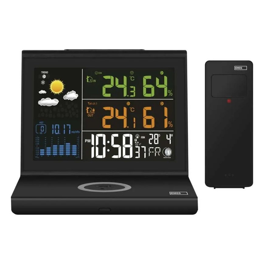 Station météo avec recharge sans fil 5V, alimentation 2x AA + 2x AAA, noire