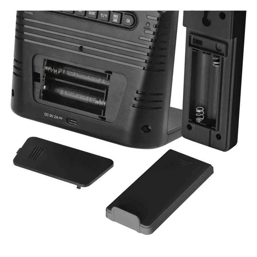 Station météo avec recharge sans fil 5V, alimentation 2x AA + 2x AAA, noire