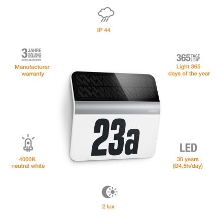 STEINEL 007140 - Numéro de maison solaire LED XSolar LH-N LED/0,03W acier inoxydable IP44 2500 mAh