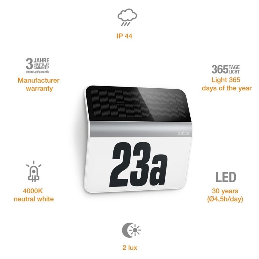 STEINEL 007140 - Numéro de maison solaire LED XSolar LH-N LED/0,03W acier inoxydable IP44 2500 mAh