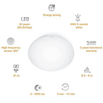 STEINEL 008383 - Luminaire LED salle de bain avec détecteur RS16LED LED/9,5W/230V IP44