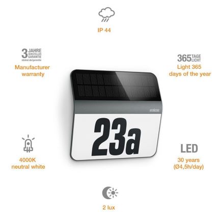 STEINEL 035730 - Numéro de maison solaire LED XSolar LH-N LED/0,03W IP44 2500 mAh